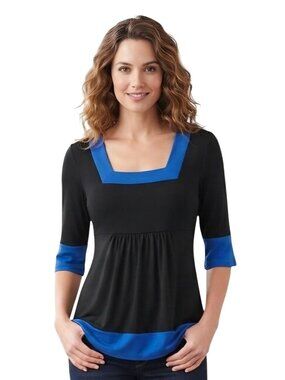 Susan Lawrence Colorblock Black Blue Babydoll 3/4 Sleeve Top Size M